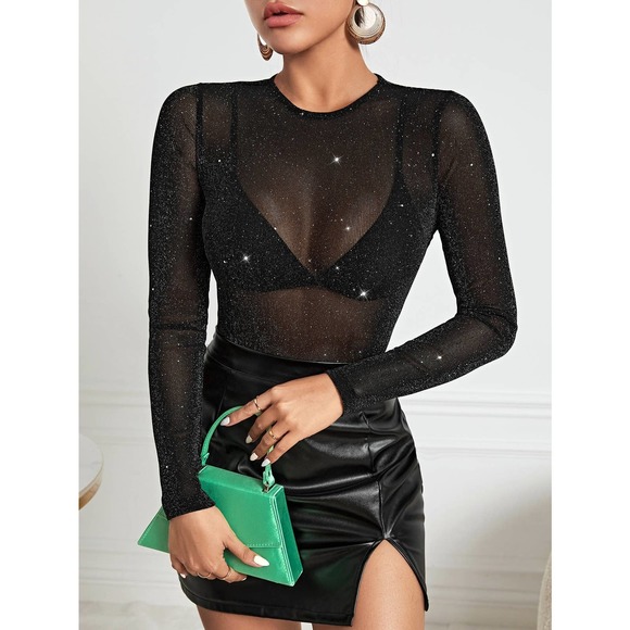 Long sleeve Glitter Sheer Mesh Top Without Bra black - Picture 1 of 5